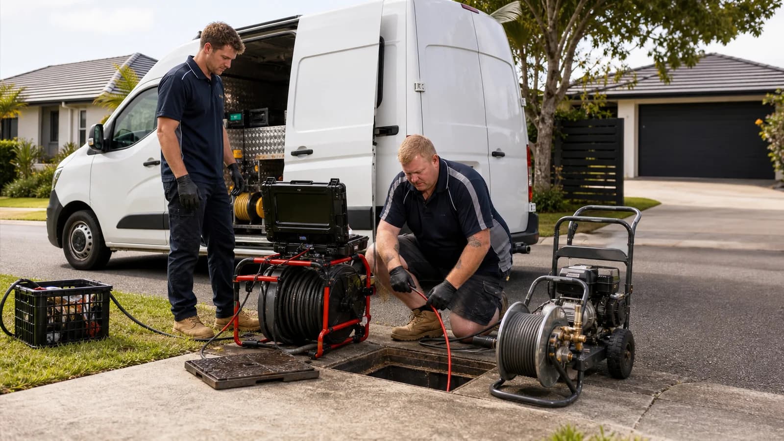 Blocked drain team with inspection and clearing equipment beside a service van