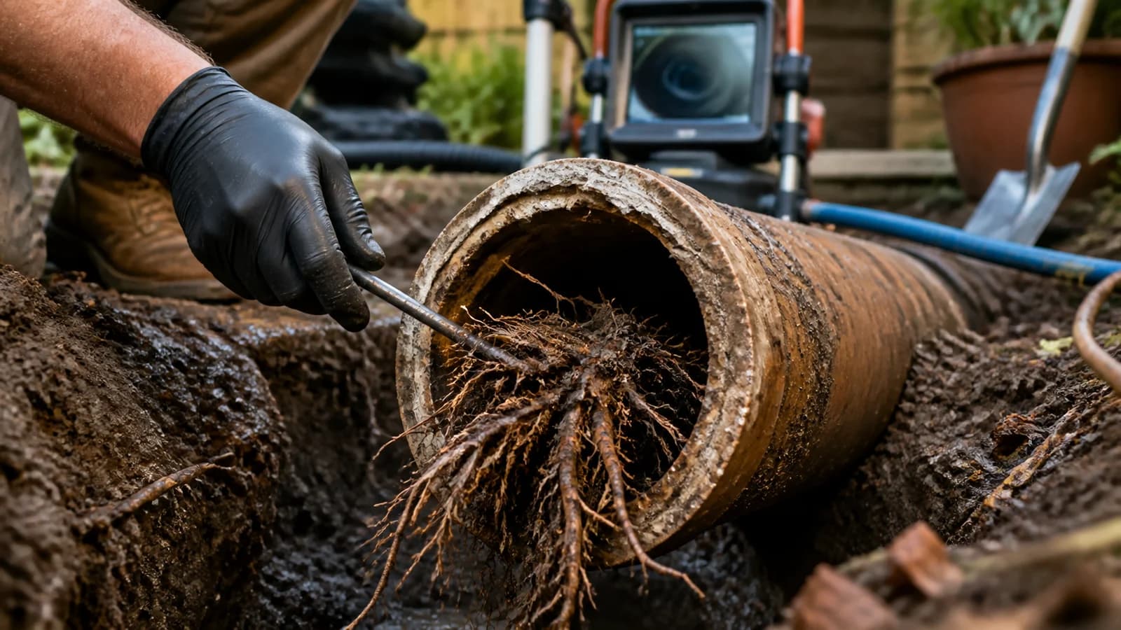 Tree roots blocking an exposed sewer pipe