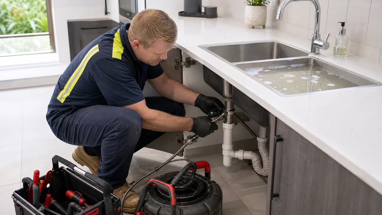Plumber clearing the waste under a blocked kitchen sink with standing water