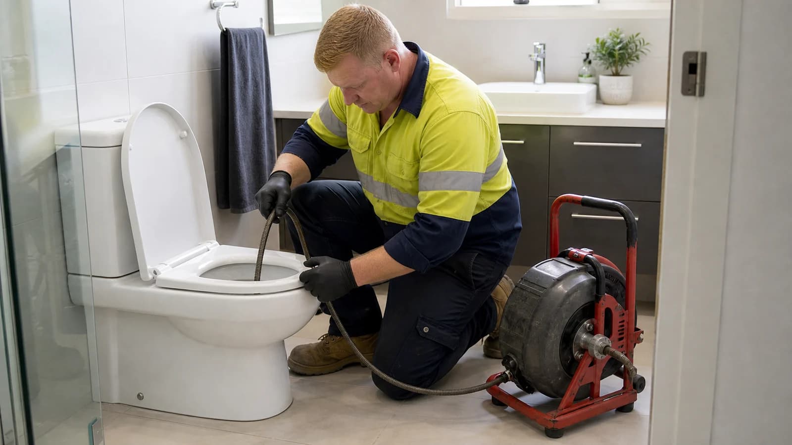 Plumber clearing a blocked toilet in a clean residential bathroom