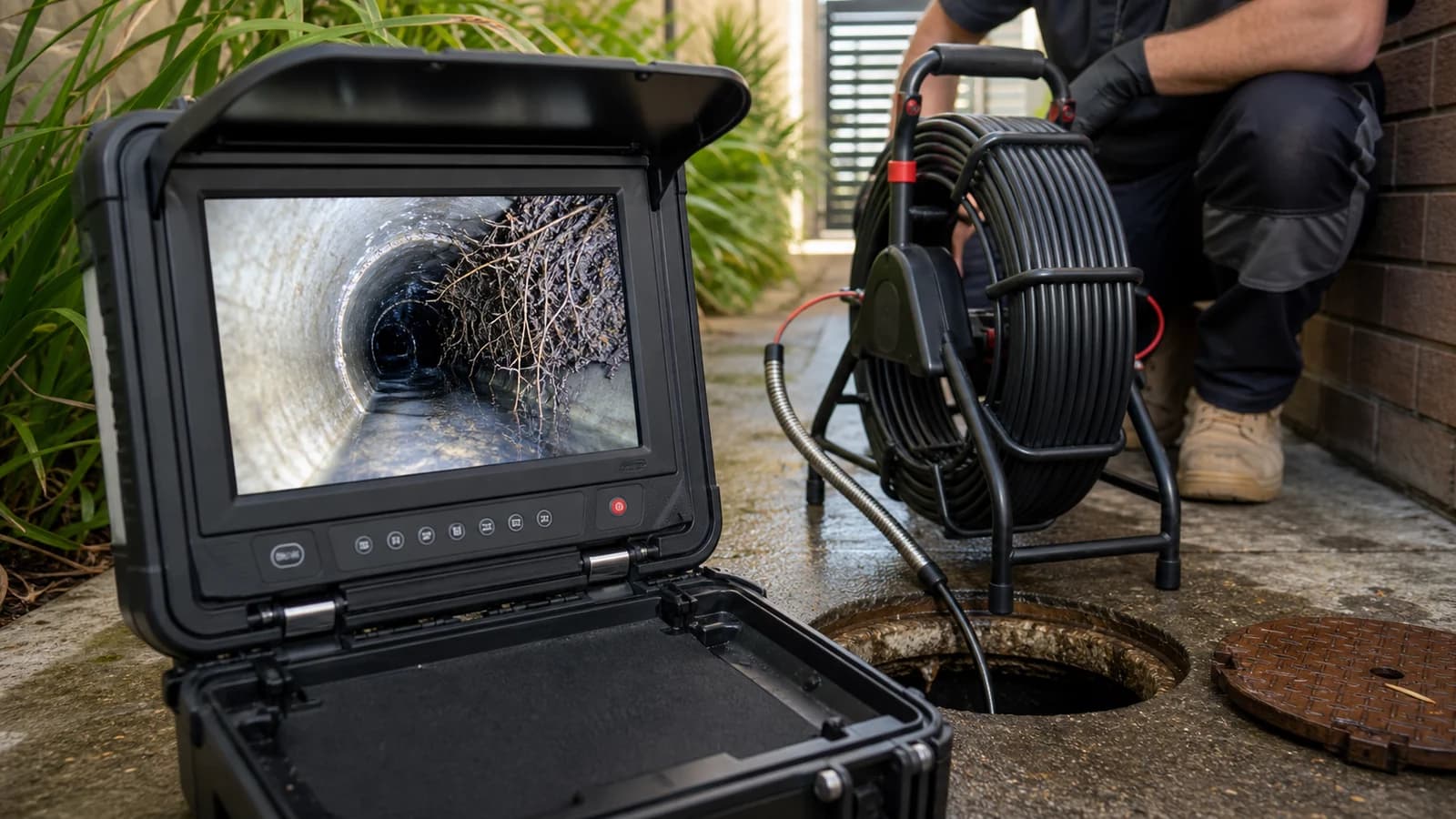 CCTV drain camera monitor beside an outdoor drain access point