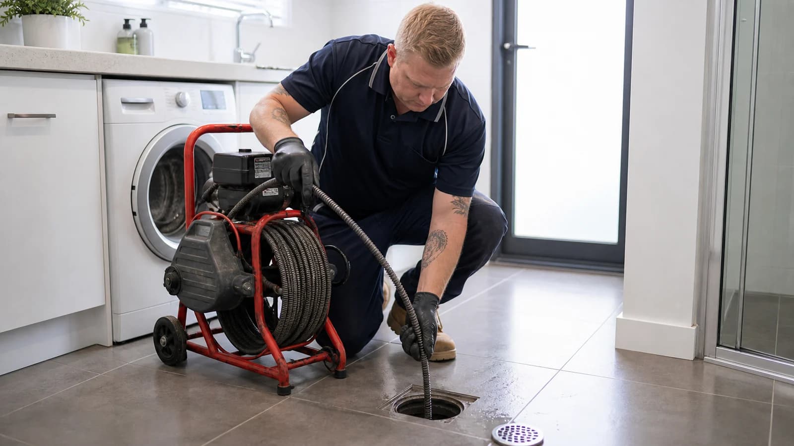Plumber feeding a drain machine auger into a floor waste to clear a blocked drain
