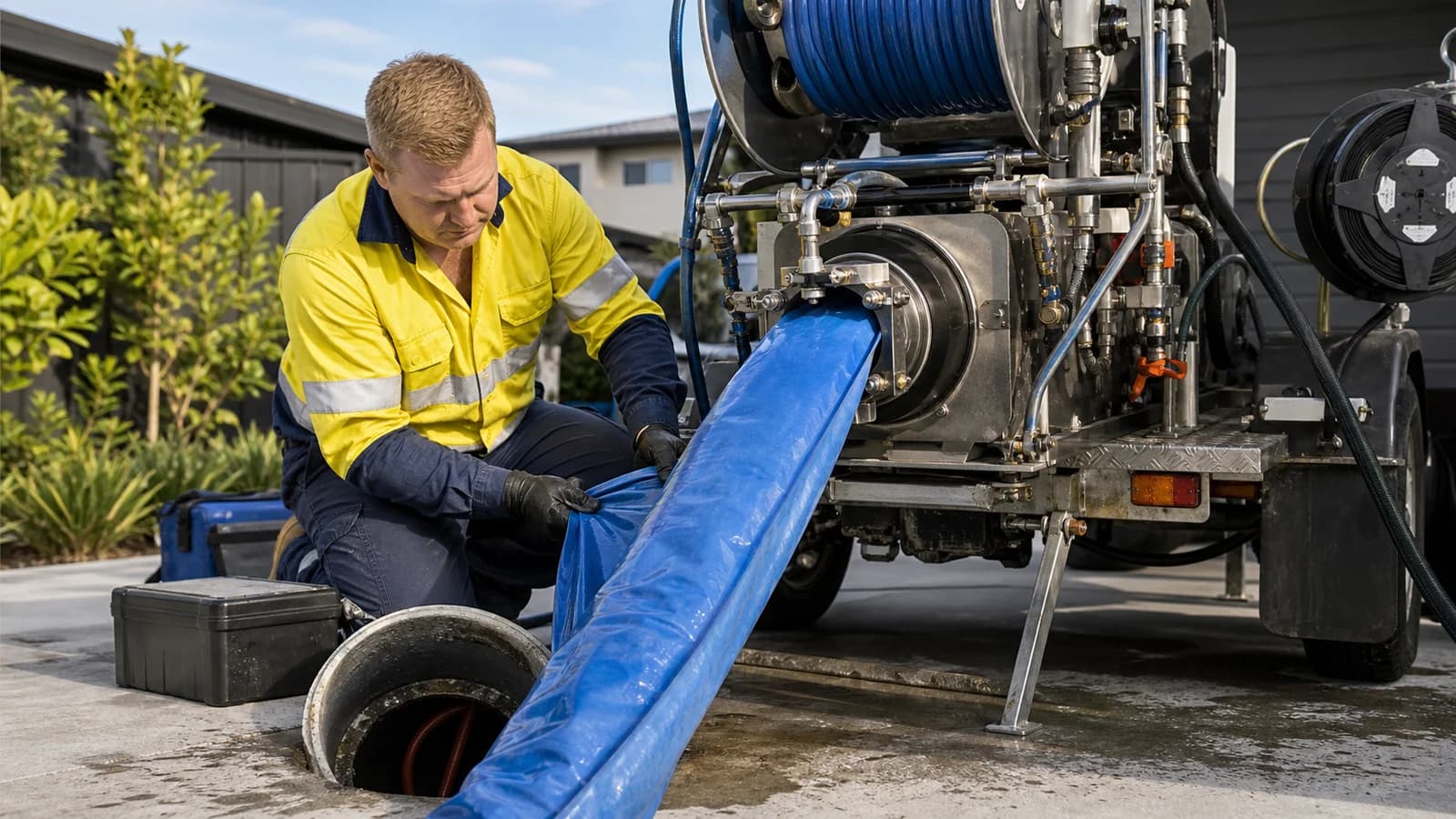 Worker preparing a blue drain relining liner beside pipe repair equipment