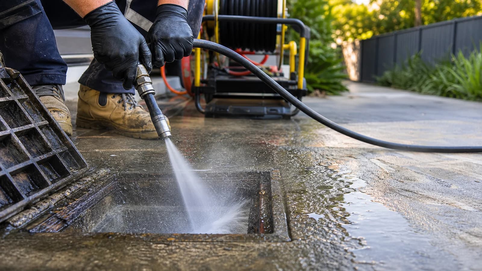 High-pressure jetting hose clearing a wet drain access point