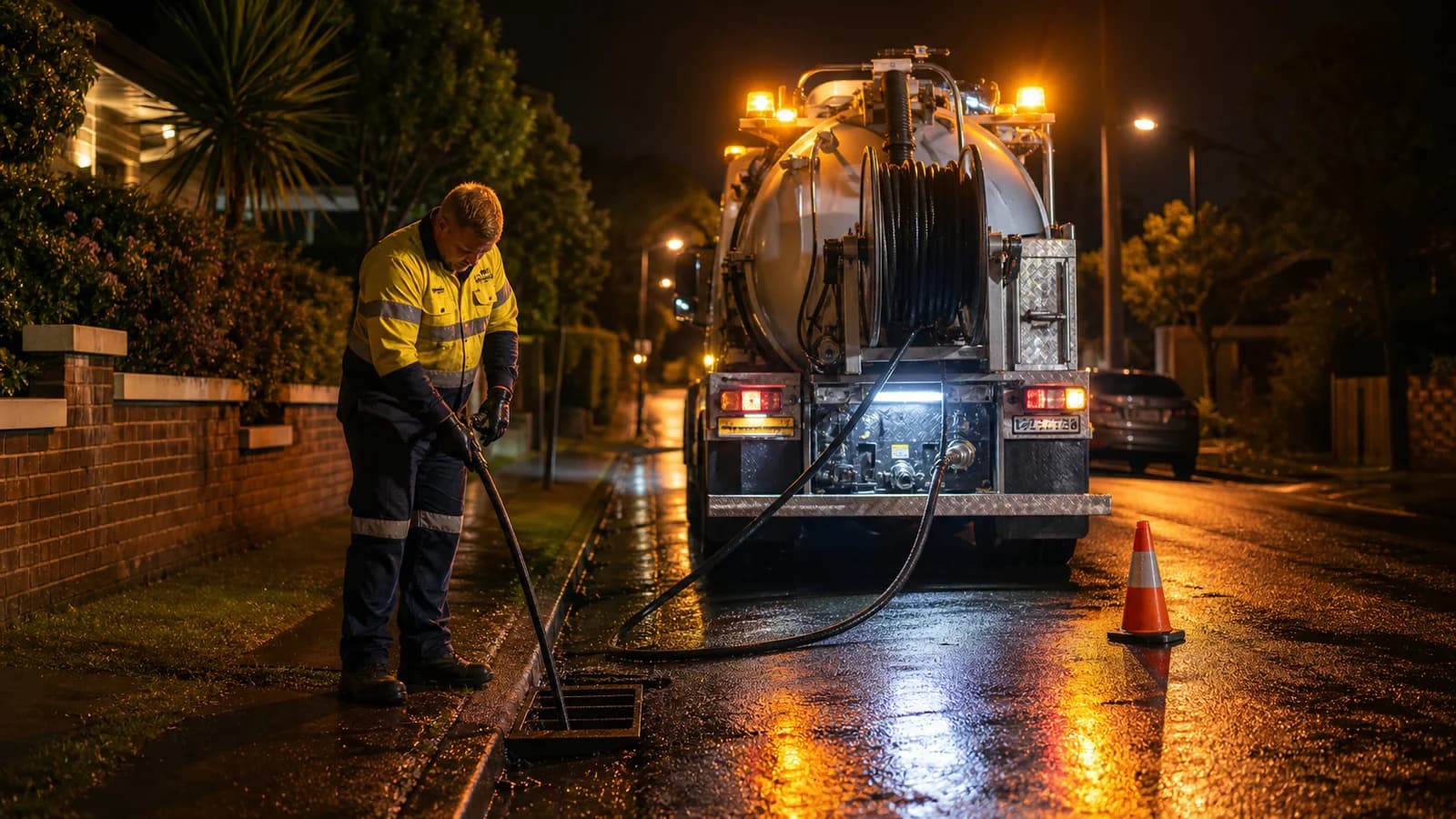 Night blocked drain callout with jetting equipment on a wet street