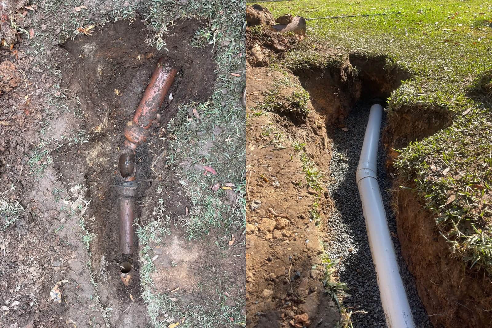 Before and after view of the root-blocked clay sewer and replacement PVC pipework