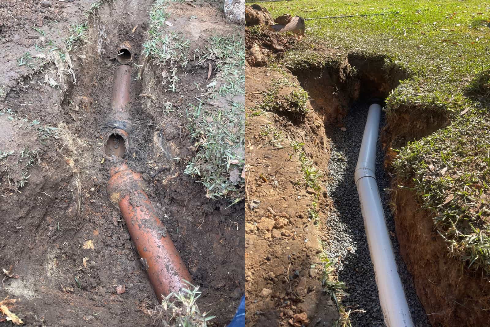 Second before and after view of the Ryde sewer repair and new PVC pipe