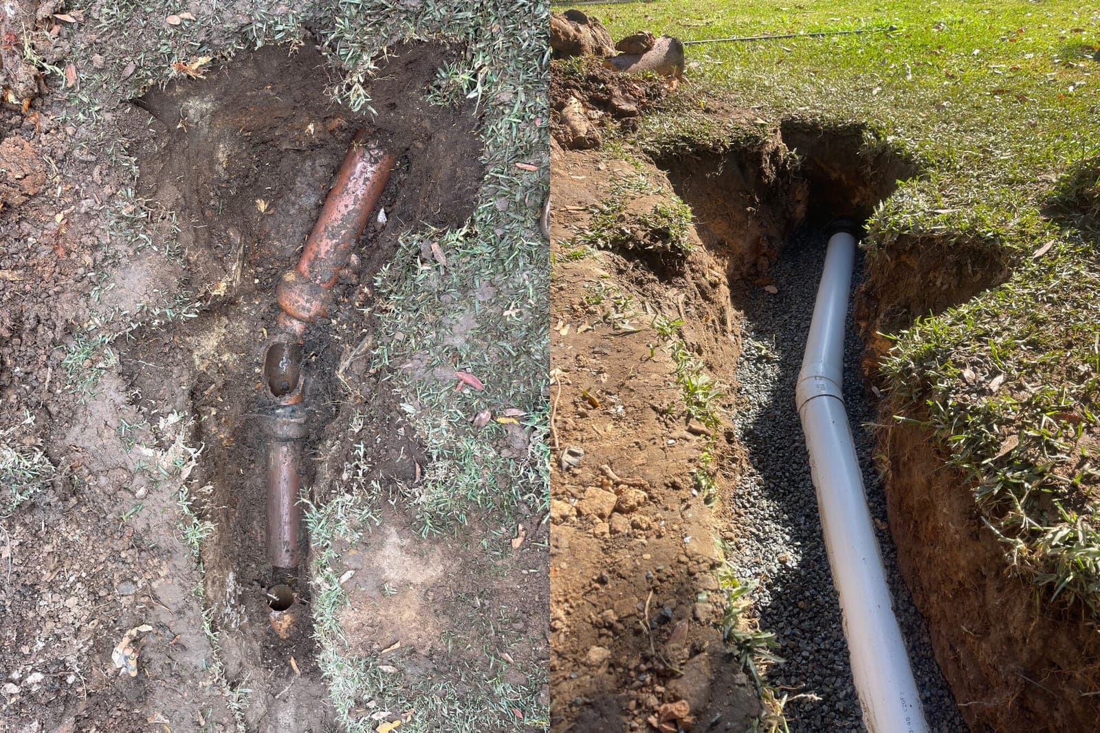 Before and after comparison of blocked pipe access and replacement pipework