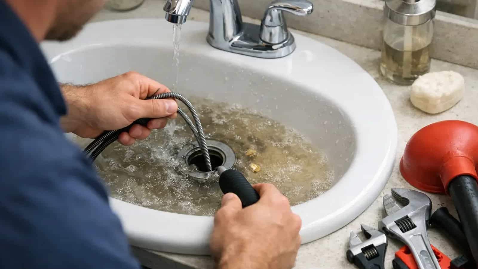 Sink drain cable positioned in a basin with backed-up water