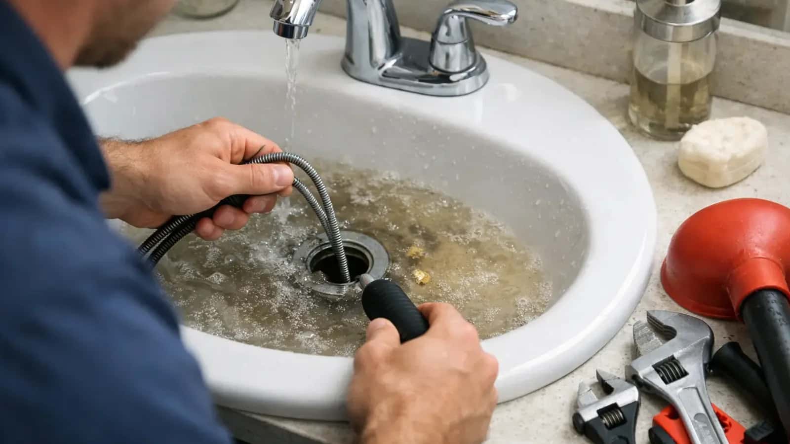 Sink drain cable clearing a basin with backed-up water