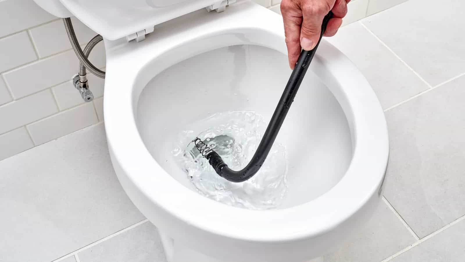 Toilet auger cable positioned inside a toilet pan