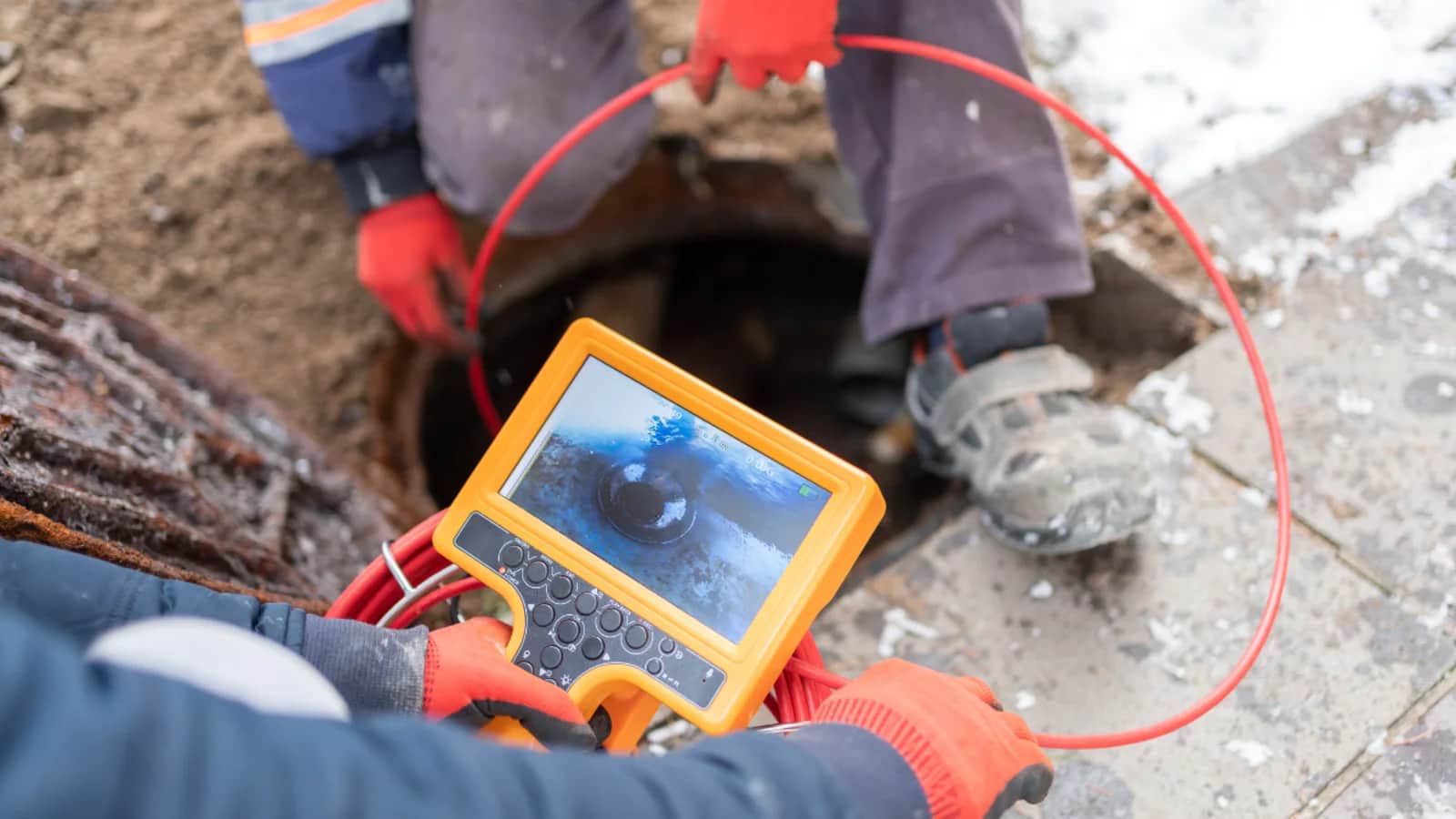 CCTV drain camera monitor set beside a pipe access point