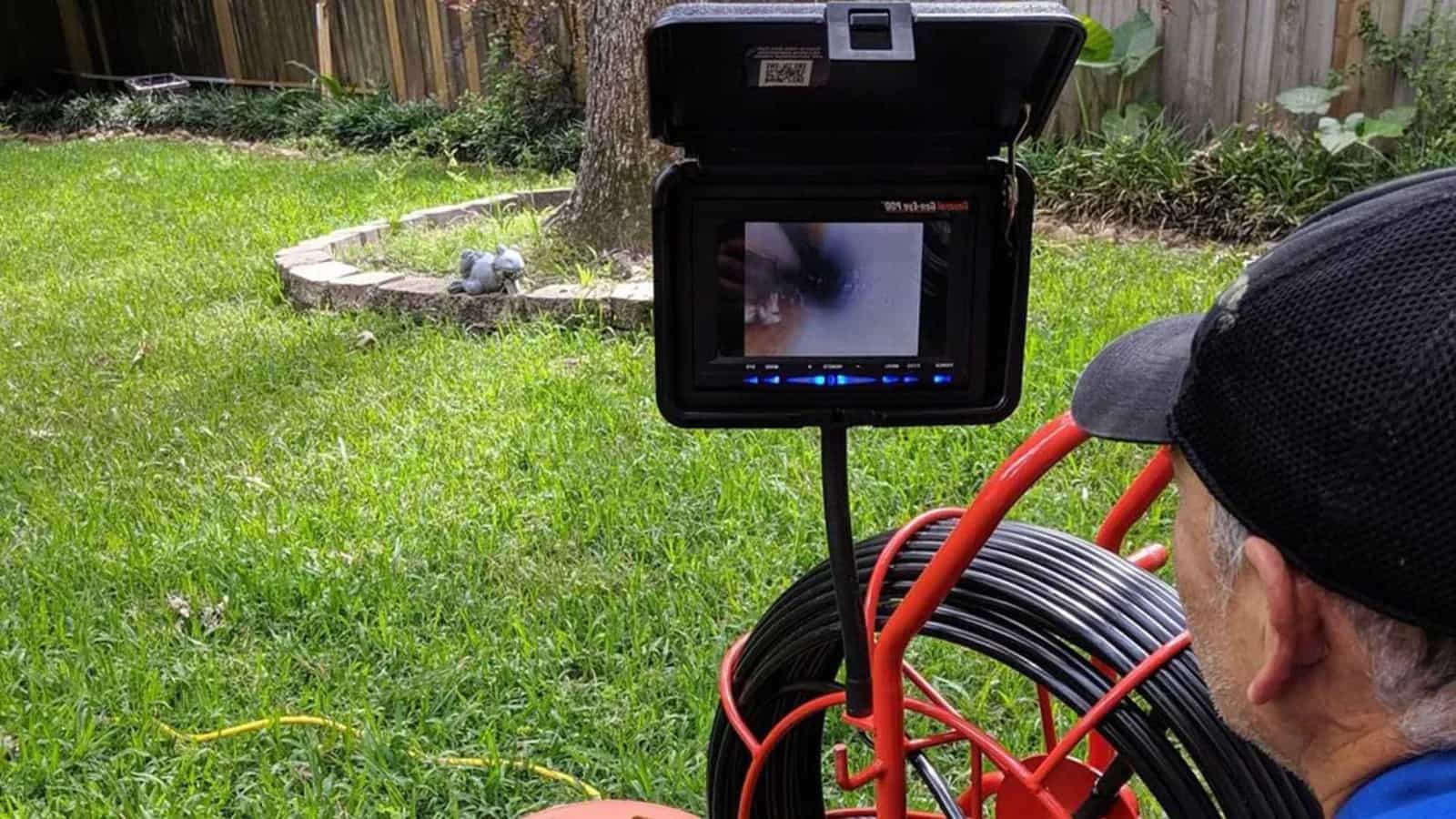 CCTV drain camera monitor and reel set up beside an outdoor drain line